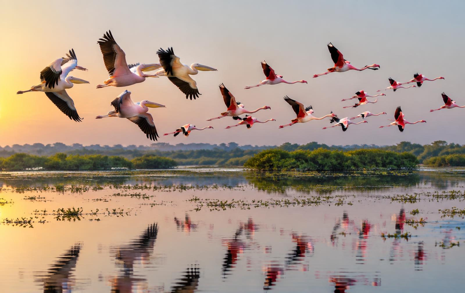 Pelícanos y flamencos en Djoudj